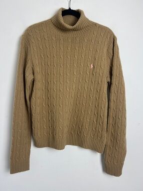 Vintage Ralph Lauren Sport XL 100% Lambs Wool Camel Cable Knit Pink Pony Sweater